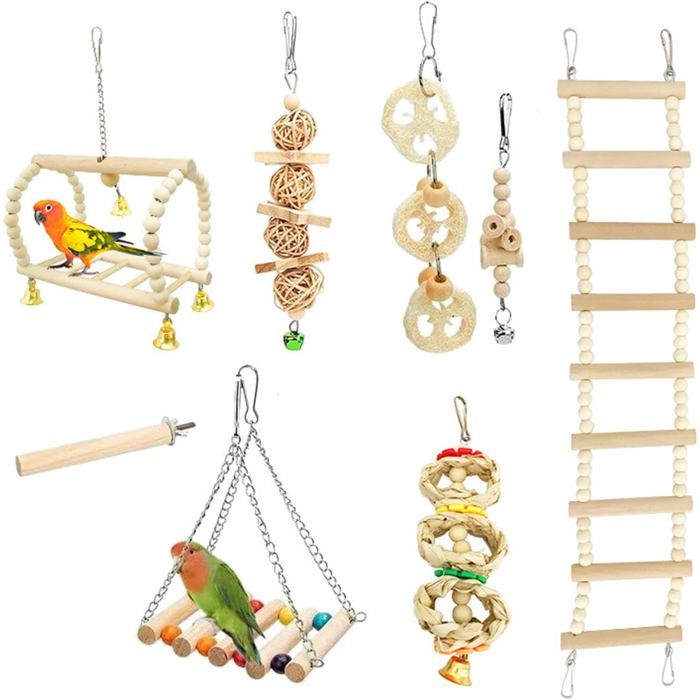 Lot de 8 Jouets pour Oiseaux (Petite/Moyenne Taille) : Balançoires Échelles Cloches et Accessoires Label