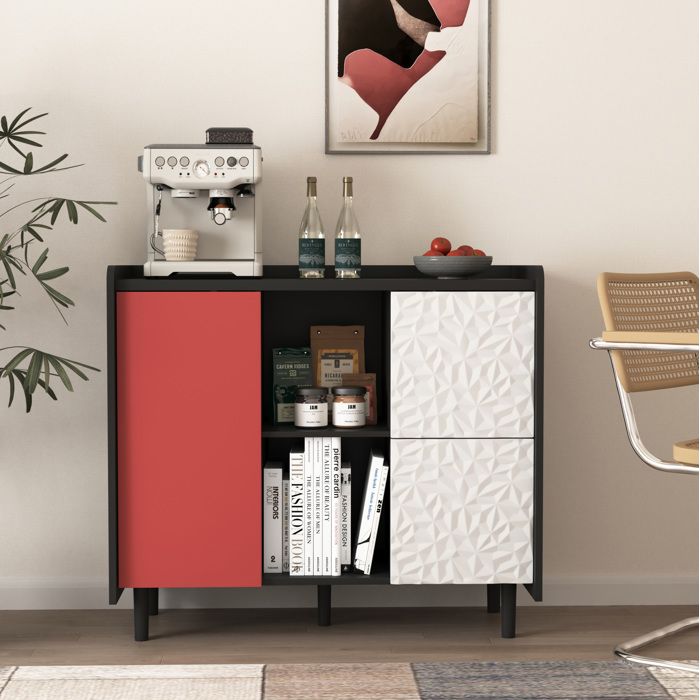 meuble buffet rangement portes tiroirs 90 cm MDF noir et rouge pour salon salle a manger EVRYAE