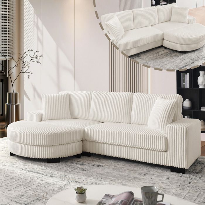 Canapé dangle 4 places en L 256.5x133.5x89 cm beige en velours côtelé avec pouf ovale et coussins pour salon ou bureau