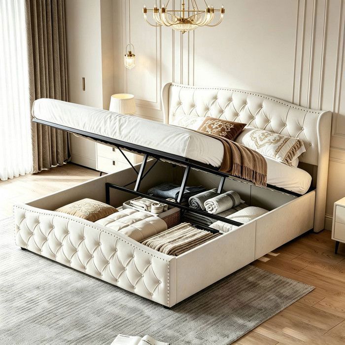 Lit coffre 140x200 cm Lit double capitonné Sommier à lattes en bois massif Rangement sous le lit Décor riveté Velours beige