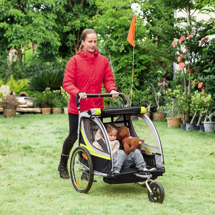 Remorque vélo 2-en-1 pour 2 enfants jaune avec fonction poussette protection pluie et frein