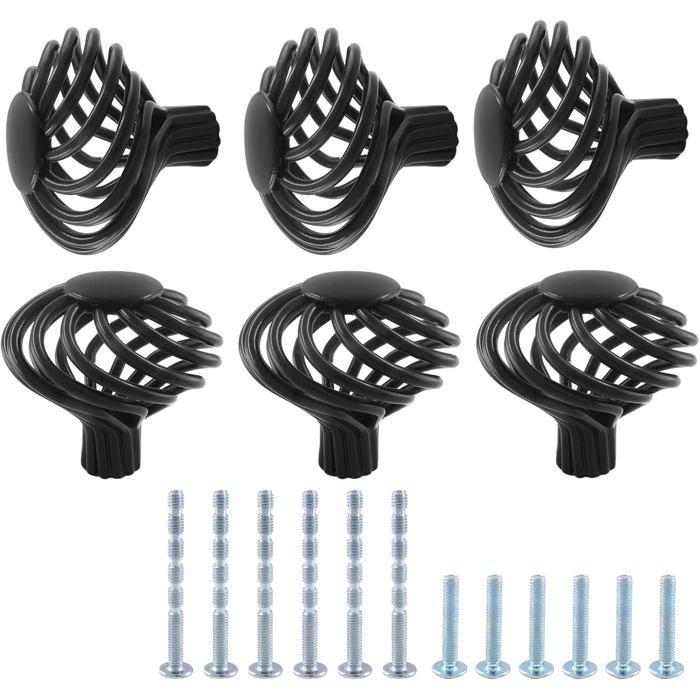 Lot de 6 boutons de meuble ronds cage à oiseau poignées de tiroir 46 mm fer noir vis incluses