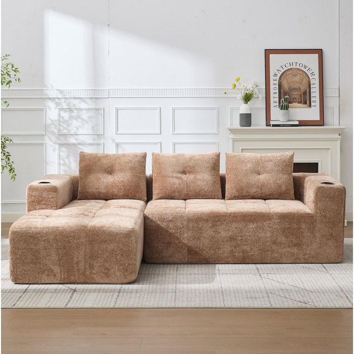 Canapé dangle compressé 258 cm en chenille marron clair 3 coussins avec porte-gobelet