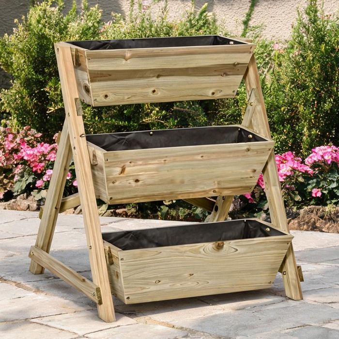 Jardinière escalier en bois massif warm natural 3 étages pour plantes légumes et fleurs 71x61x77 cm