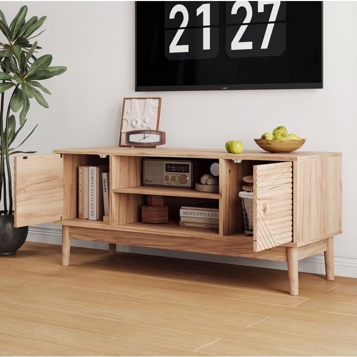 Meuble TV chêne 110 x 40 x 48 cm avec 2 portes 2 niches ouvertes passe-câbles