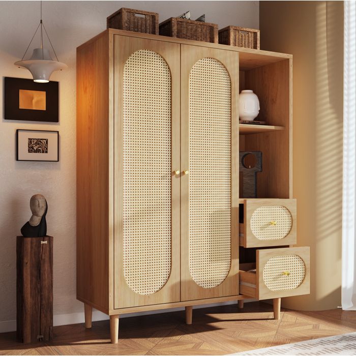 WOVREO Armoire de chambre 120x44x161 cm style campagne 2 portes 2 tiroirs étagères ouvertes chêne