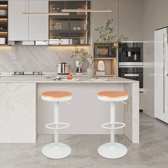 OHMG-Un Ensemble De 2 Tabourets De Bar Ronds En Bois-Soulevable+Rotatif-Bûches Écologiques-Sans Dossier-36cm-Blanc Pur