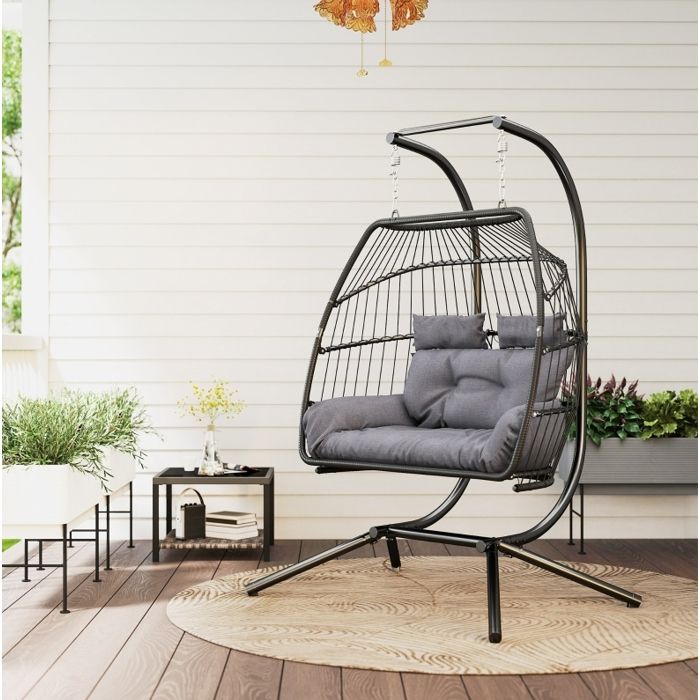 Fauteuil Suspendu Double avec Support Pliable Coussin 10 cm et Têtière Amovible Résine Tressée Gris Foncé - UVRION