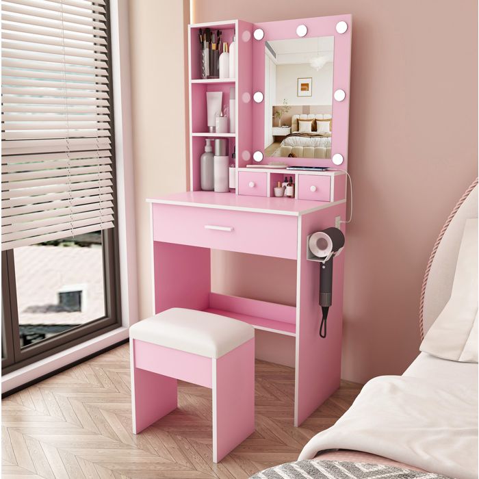 Coiffeuse rose 60 x 38 x 1315 cm avec miroir LED 3 modes prise intégrée support sèche-cheveux et tabouret