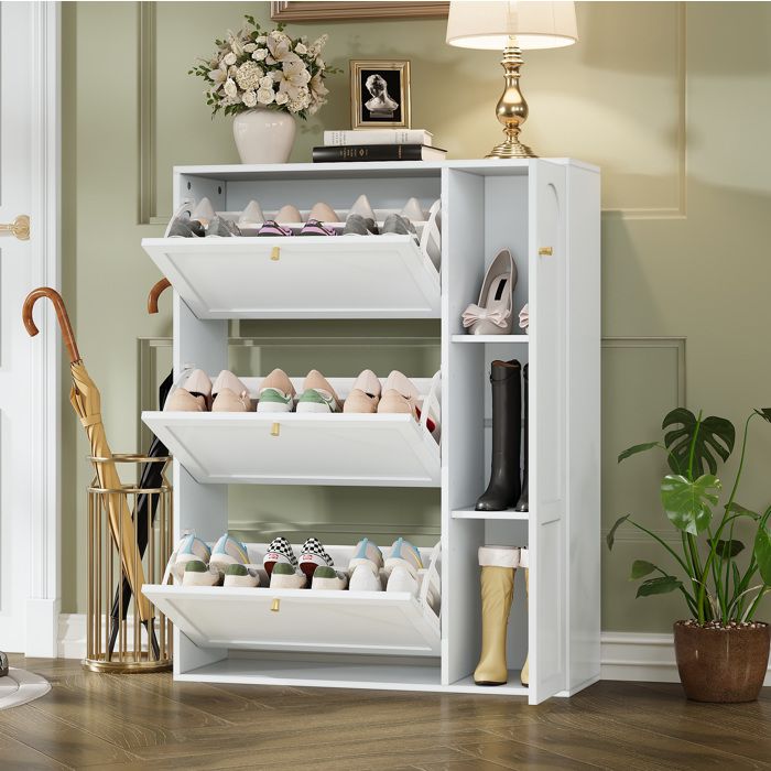 WOVREO meuble à chaussures étroit 90 x 25 x 114 cm avec 3 abattants 1 porte latérale blanc