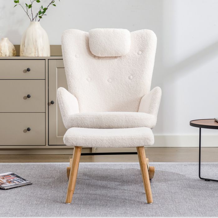 Fauteuil A Bascule En Tissu Teddy Blanc Rocking Chair Moderne FloraGrace Pour Salon Ou Chambre Avec Repose-Pieds 65x82x94cm