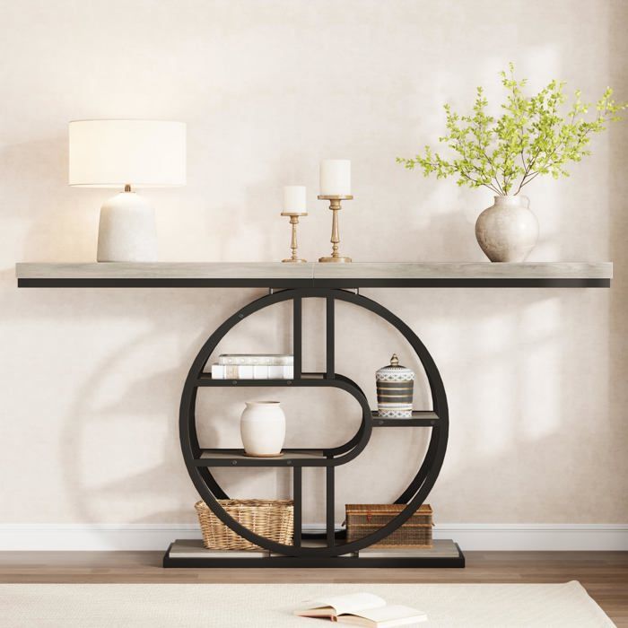 Console rétro 120 cm cadre métal incurvé 5 étagères plateau épais table étroite pour couloir salon