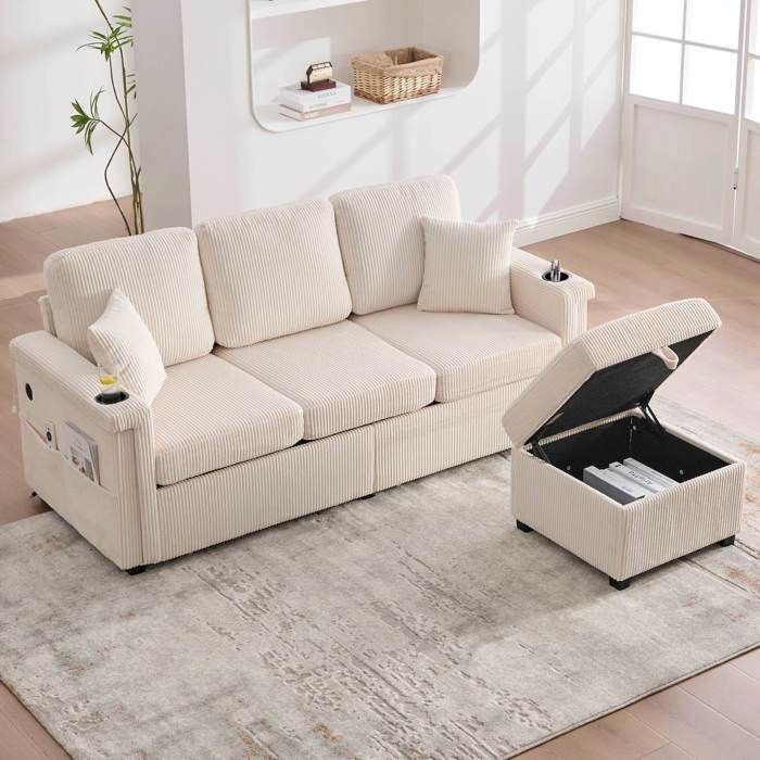 Canapé dangle en L 3 places 194 x 73 x 81 cm avec LED pouf coffre USB/USB-C 2 tiroirs porte-gobelets poches latérales Beige