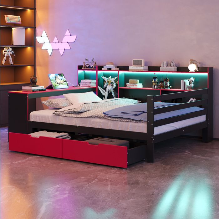 Lit double combiné 140 x 200 cm en bois avec bureau bibliothèque rangements 2 tiroirs LED et prises USB noir rouge