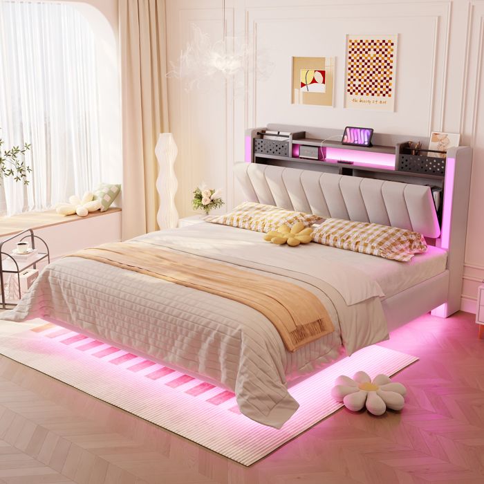 Design solide et sécurisé lit pour adolescent avec espaces de rangement avec éclairage led couleur beige
