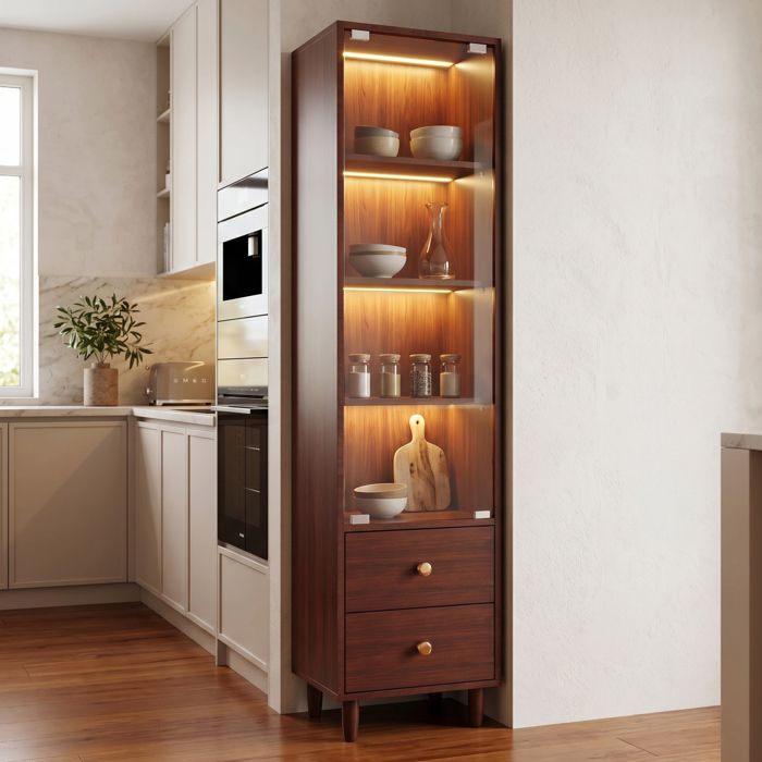 Vitrine Haute avec Porte Vitree 2 Tiroirs et LED - HAVRYA - Style Retro Salon Bois Marron 40×35×165 cm