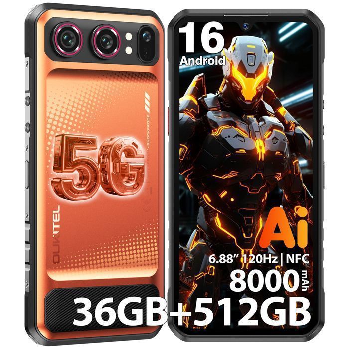 OUKITEL WP68 Air 5G Smartphone Robuste 36GB+512GB 8000mAh 688 120Hz IP68 64MP Téléphone Portable Incassable Double SIM NFC Orange