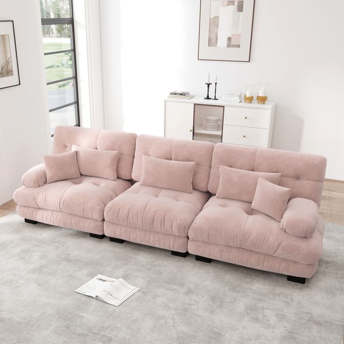 Canapé 3 places - ZEVKOR - Modulable convertible - Chenille rose poudré - Assise profonde - Coussins rembourrés