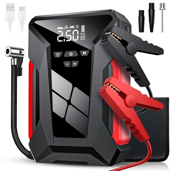 Démarreur de batterie de voiture Gonfleur Pneus Voiture Portable Alimentation de secours pour voiture 28000mAh Gonfleur 150PSI