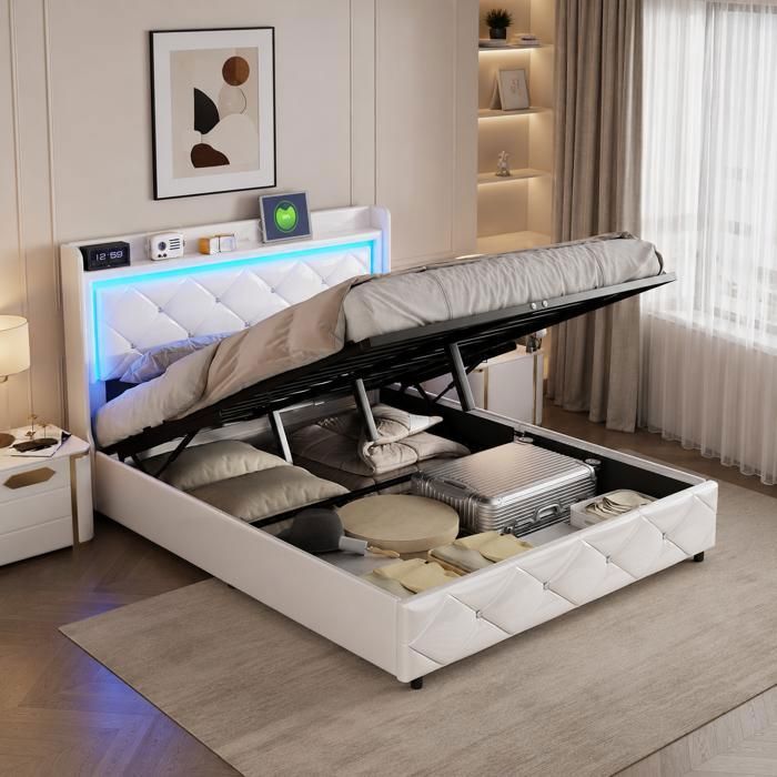 Lit coffre 140×200 cm lumière LED port USB lit capitonné rangement hydraulique tête de lit rangement sommier à lattes PU Blanc