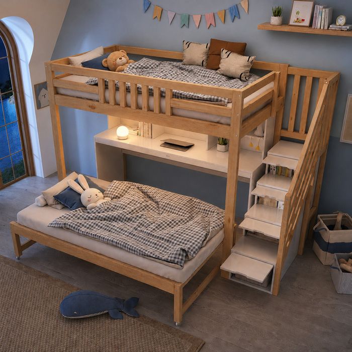 Lit superposé 90x200 + 90x190 lit mezzanine en bois avec lit gigogne roulettes bureau mobile escalier rangement et étagère chêne