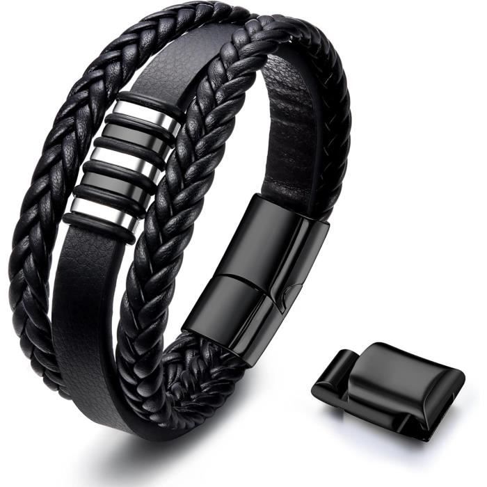 Bracelet homme cuir tresse avec menotte acier - 1456