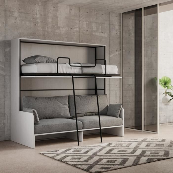 Lit superposé escamotable - DIBE - Frêne Blanc - 200x103xh191 cm - 2/3 ...