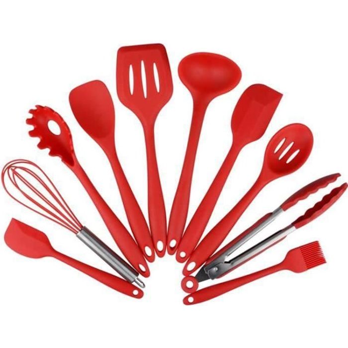 10pcs silicone ustensiles de cuisine spoonula, brush, fouet, spatule, louche, slotted turner et spoon, tongs, pasta fork -rouge