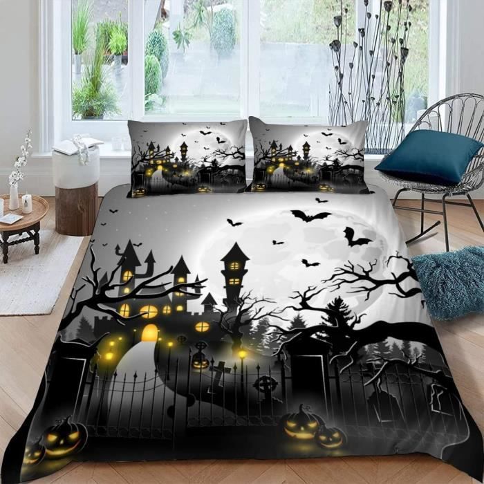 Housse De Couette Halloween Citrouilles & Crânes Phosphorescents - Taille Simple 140x200 Cm, Réversible
