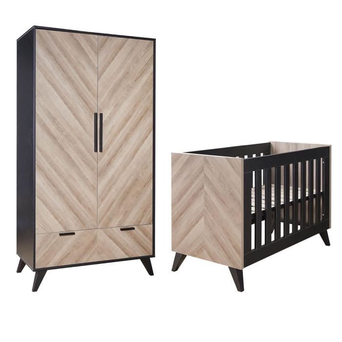 Lit Bebe 60x1 Et Armoire 2 Portes Lancaster Noir Et Bois Cdiscount Maison