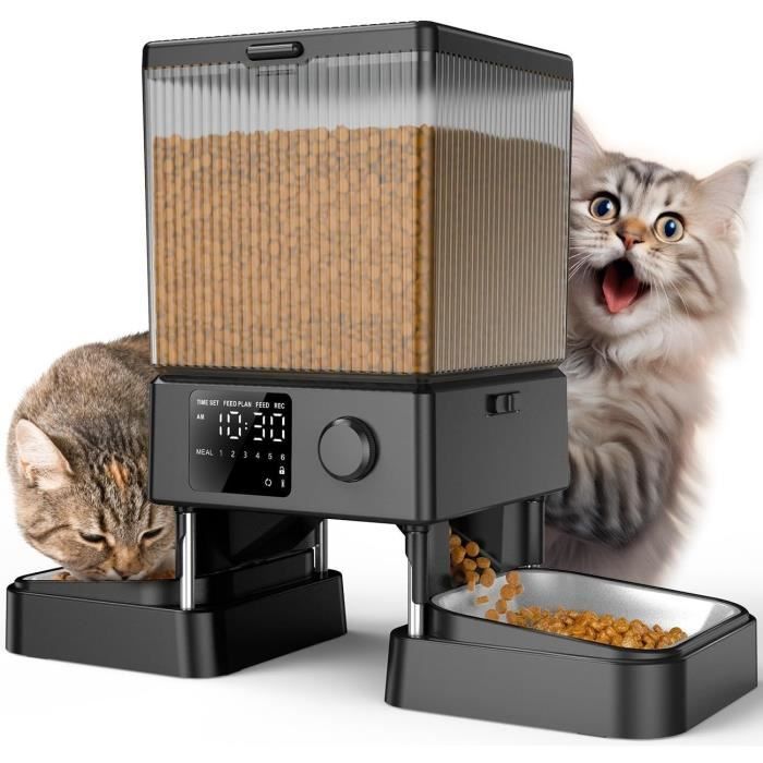 Meilleurs prix pour 5L Distributeur Croquettes 2 Bols Mangeoire Automatique à Un Bouton Fonctionnement Facile pour Chat/Chien avec Bol en Acier