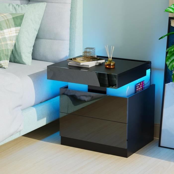 DHHOZAMZ Table de Chevet avec Station de Chargeavec LED et USBavec 2 Tiroirs et Armoires Coulissantes Cachées