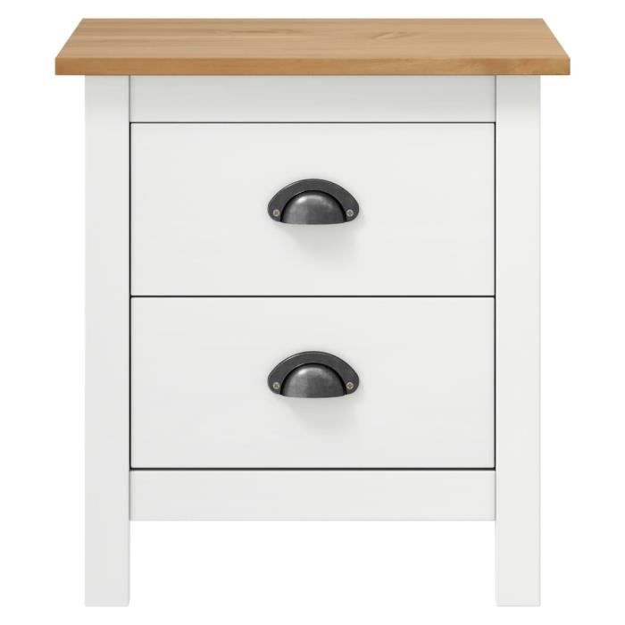 Table de chevet - DILWE - Hill - Bois de pin massif - 2 tiroirs - Blanc et marron miel