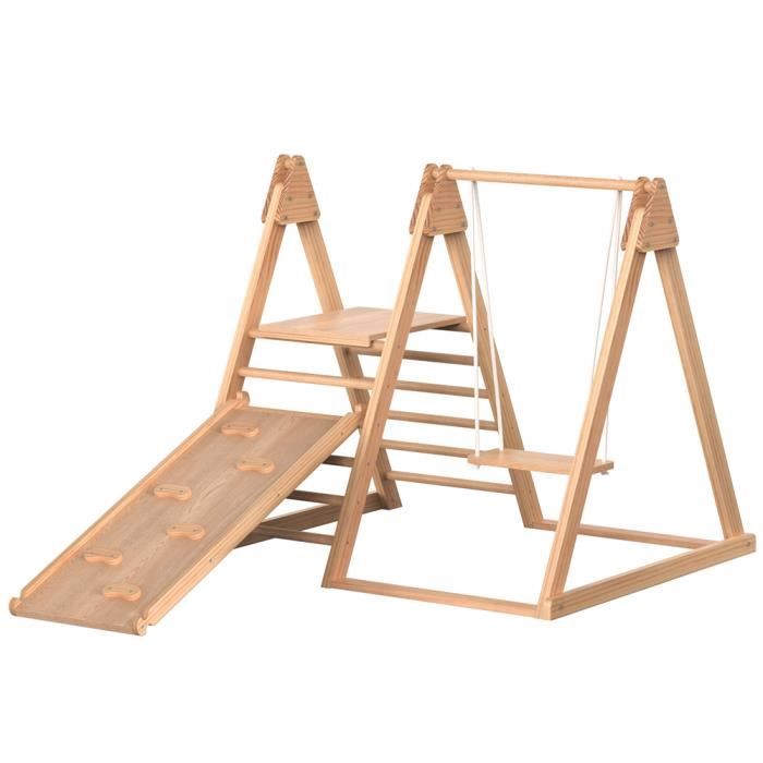 Toboggan et balançoire pour enfants, Jouets en bois, 3 en 1 jouet avec cadre d'escalade