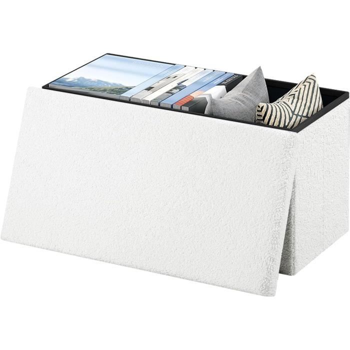 Banc de Rangement Pliante Tabouret Pouf Coffre avec Couvercle Repose-Pieds en Tissu Polaire 76x38x37cm Blanc E0EG0036