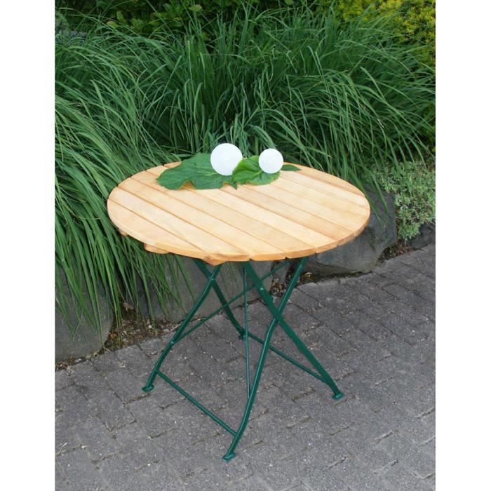 Table Ronde Pliante Salon De Jardin 77cm Acier Plat Vert Et Bois