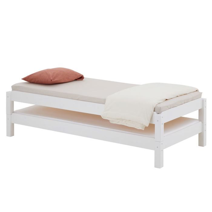 Lit Superposable Pin Massif Lot De 2 Lits Superposables Rino 90 X 190 Cm, Lits Simples 1 Place, Couchage D'appoint, En Pin Massif Vernis Naturel Lits Superposables Rino 80x190 Cm