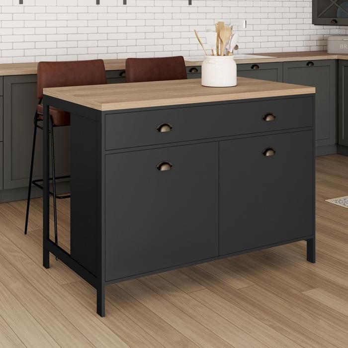 Meuble TV 140 Cm Style Campagne ISIS Bois Et Noir - Rangement TV Avec Placards