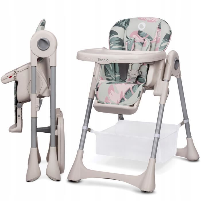 LIONELO Zanna, chaise haute pliable, portable avec roulettes, plateau double spacieux, plateau et repose-pieds réglables, Rose