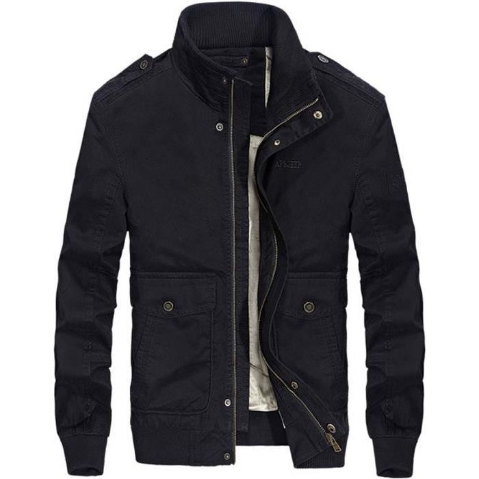 Blouson Hiver Homme Court Molleton Casual Veste Chaude en Coton Col Montant Noir