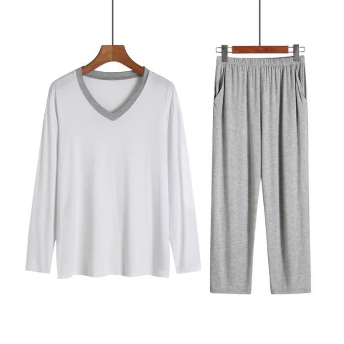 Pyjama Long Pour Homme LOIJMK - Ensemble Deux Pièces Coton Doux Grandes Tailles Col V Poche Poitrine