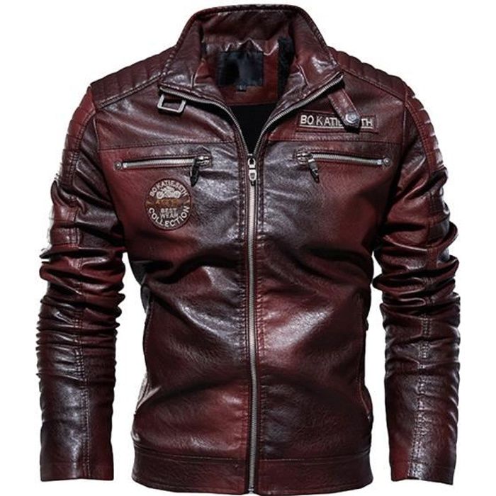 Homme Motard Manteau Bomber souple Doubl polaire Veste en PU Cuir