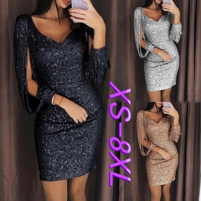 Femmes Sexy Glands Détail Fente Manche Paillettes Robe De Soirée Plus La Taille Xs-Xl Or 1016 Or
