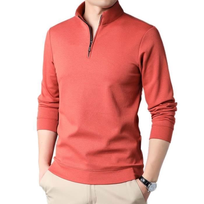 Pull Homme Col a Fermeture Eclair Manches Longues Pullover Col Montant Couleur Unie Printemps et Automne Orange