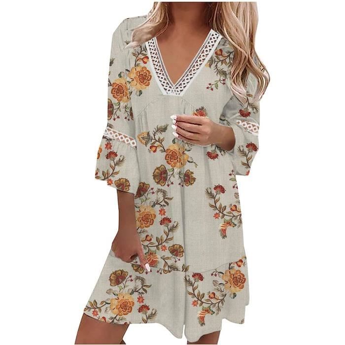 Robe D'Été Femme Dentelle Manches 3/4 Col V Mi-Longue Décontractée - Imprimé Gradient Bohème Évasée Plage Vacances Robe Fluide Ample Swing