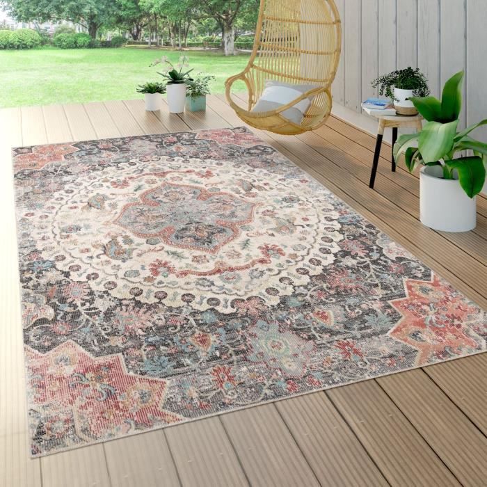 tapis interieur exterieur poils ras pour balcon terrasse motif oriental gris 140x200 cm achat vente tapis cdiscount