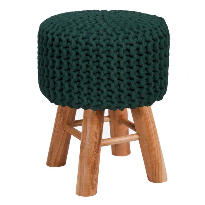 Petit tabouret tricot en coton vert sapin - Lisa - Maison Pavane
