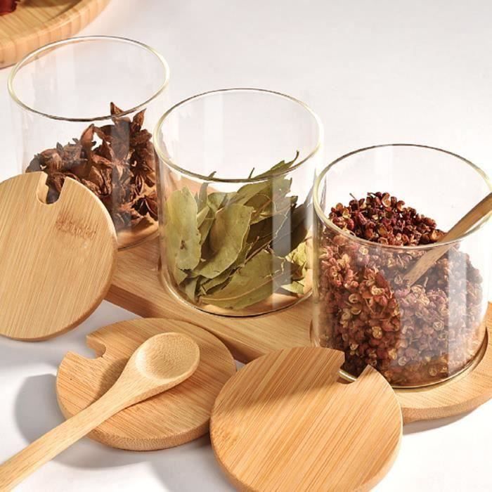 gift-Ensemble de pots d'organisateur d'épices en verre avec cuillère en  bois faciles à nettoyer accessoires de rangement de cuisine