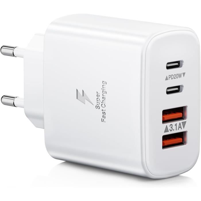 Chargeur USB-C 40W 4 Ports Rapide - Compatible IPhone, Samsung, IPad - Neuf Avec Câble
