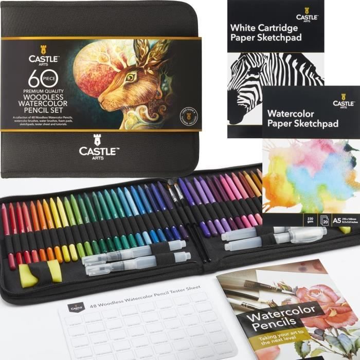 Castle Art Supplies Set de 60 Pièces avec Crayons Aquarellables sans
